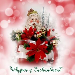 Holiday Floral Arrangement In Vintage Red Mug, vintage Santa Claus figurine